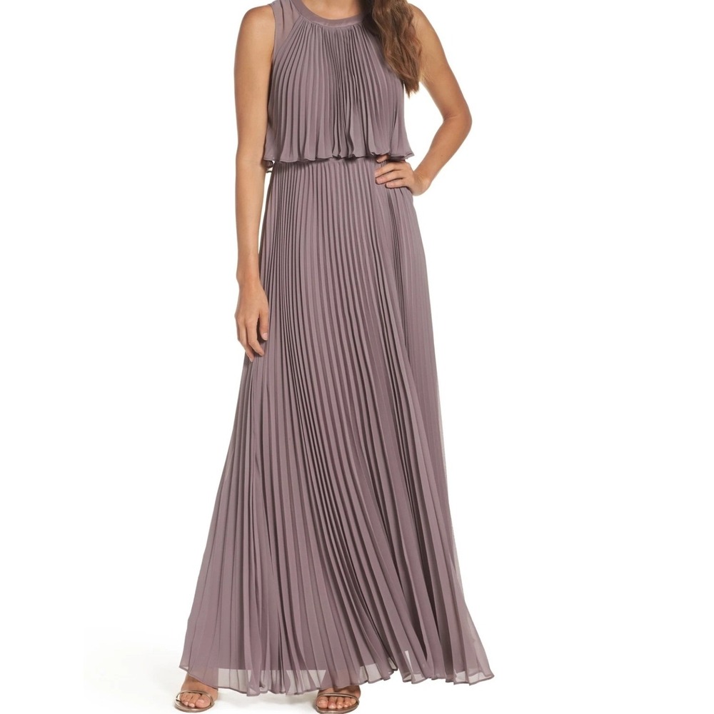 Vera Wang Dress Size 6 Mauve Purple Pleated Chiffon Popover Maxi Gown Sleeveless